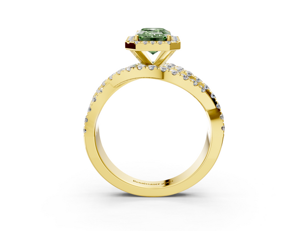 Yellow gold Fancy Green Emerald  Cut Halo Split Shank Prong Setting Ring