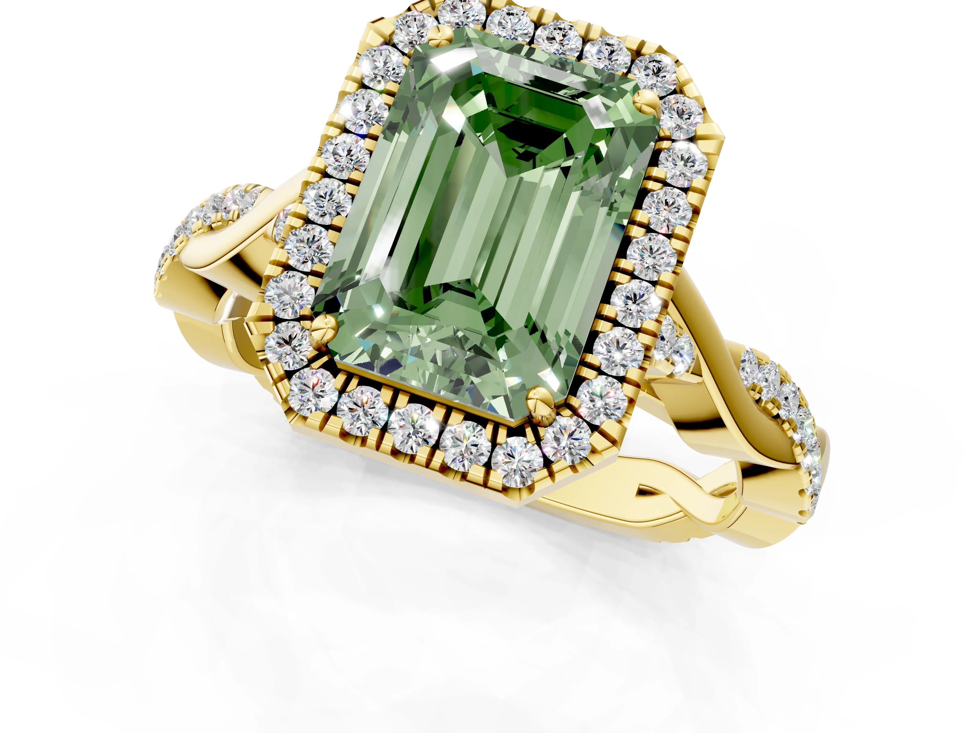 Yellow gold Fancy Green Emerald Cut Halo Twist Band with Four-Prong Setting_1
