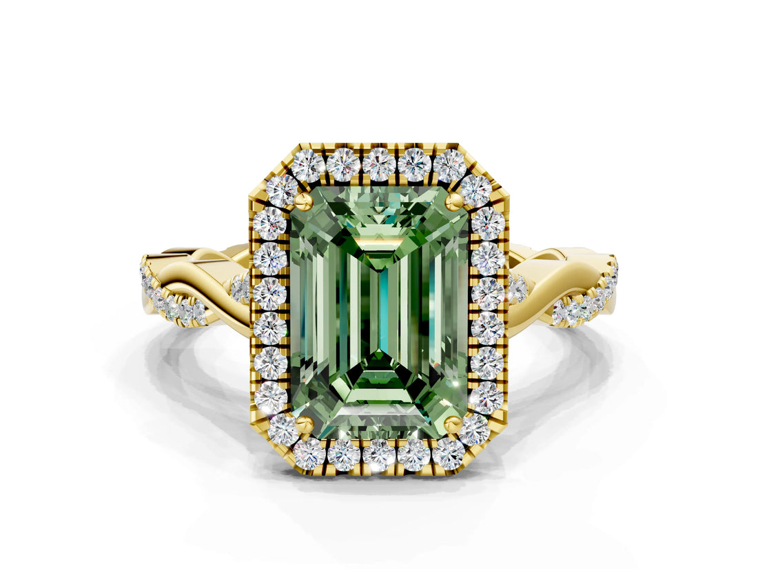 Yellow gold Fancy Green Emerald Cut Halo Twist Band with Four-Prong Setting_12