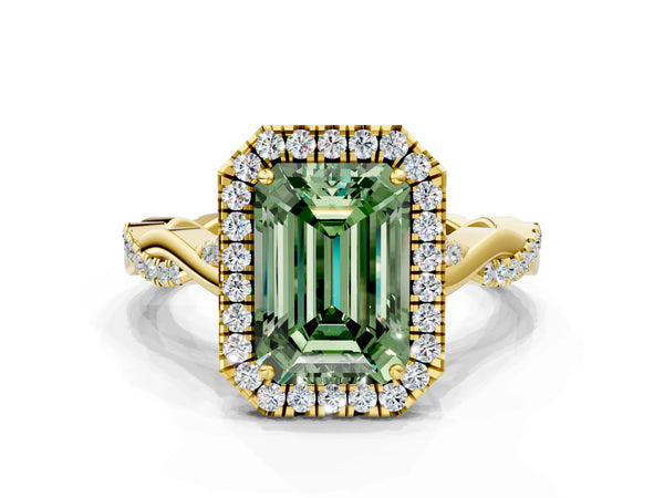 Yellow Gold Emerald Cut Interwoven Twist Halo Engagement Ring Setting for Fancy Green Center