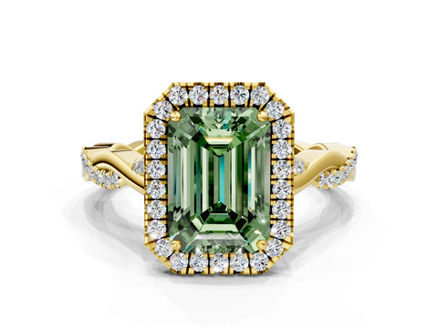 Yellow gold Fancy Green Emerald Cut Halo Twist Band with Four-Prong Setting_12