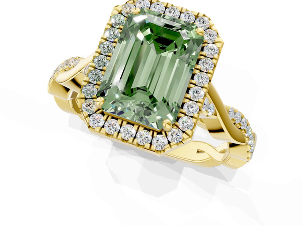 Yellow Gold Emerald Cut Interwoven Twist Halo Engagement Ring Setting for Fancy Green Center