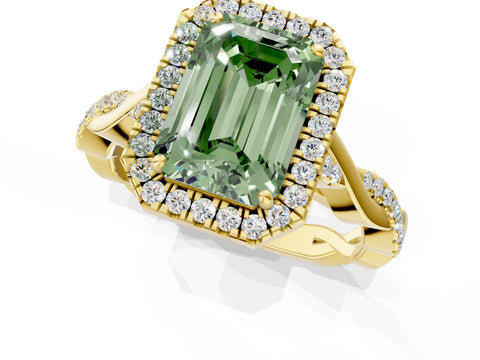 Yellow gold Fancy Green Emerald Cut Halo Twist Band with Four-Prong Setting_13