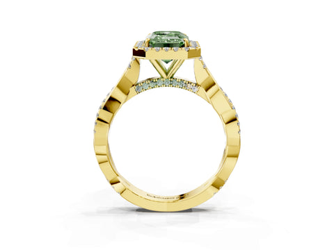 Yellow gold Fancy Green Emerald Cut Halo Twist Band with Four-Prong Setting_15
