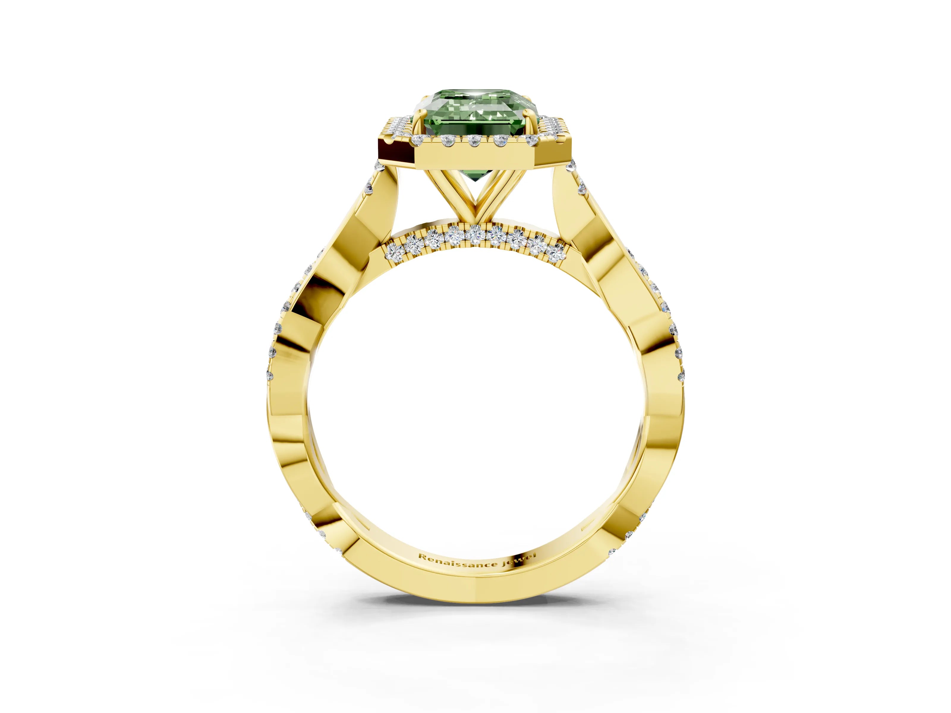 Yellow gold Fancy Green Emerald Cut Halo Twist Band with Four-Prong Setting_3