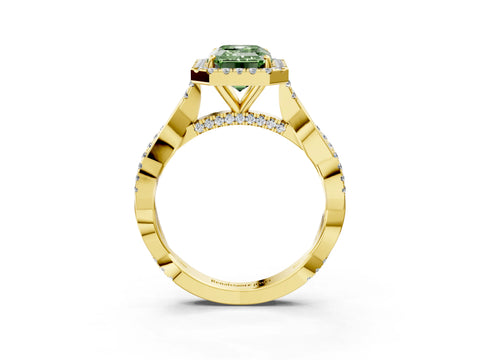 Yellow gold Fancy Green Emerald Cut Halo Twist Band with Four-Prong Setting_3