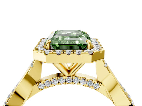 Yellow gold Fancy Green Emerald Cut Halo Twist Band with Four-Prong Setting_4