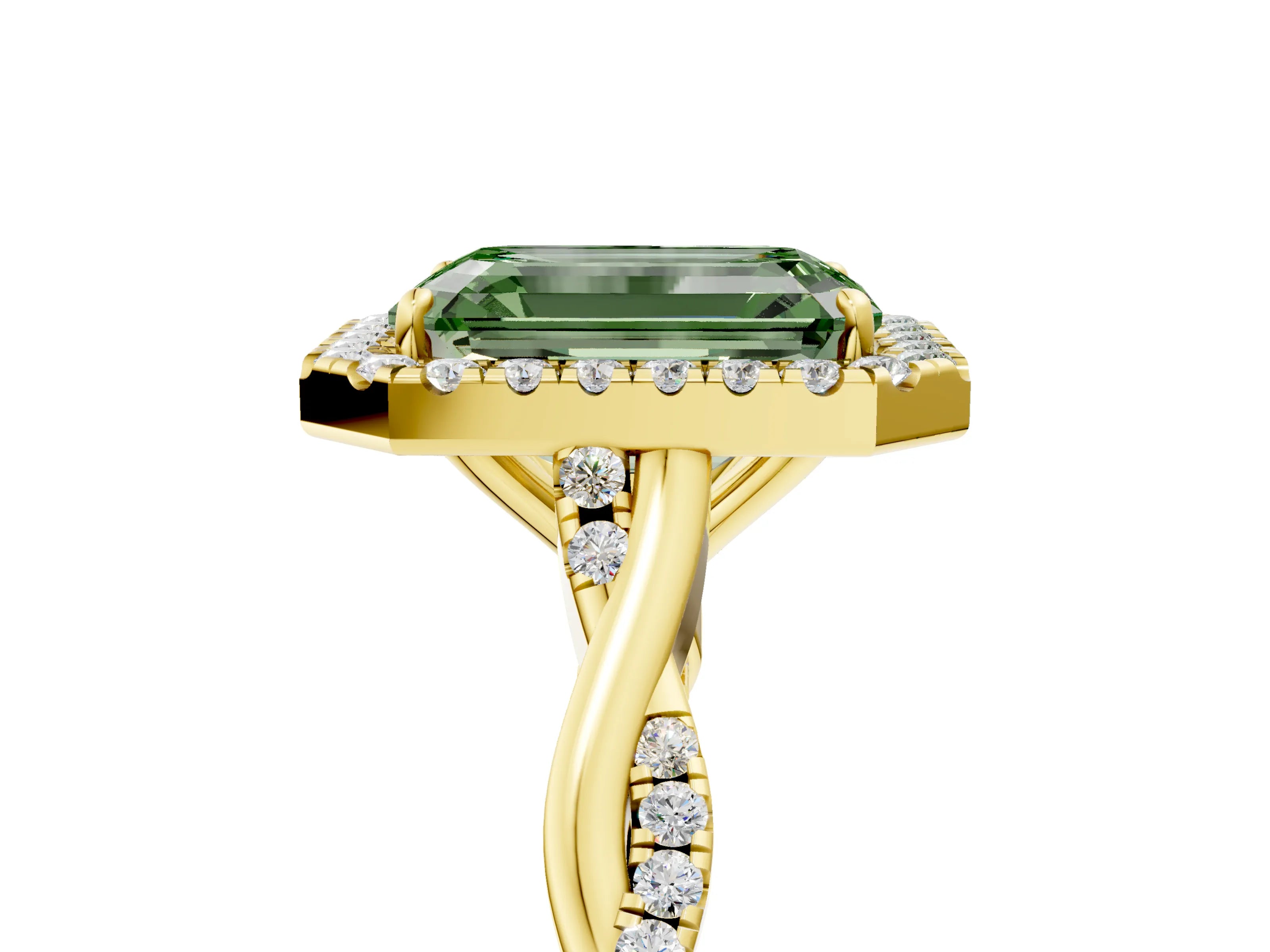 Yellow gold Fancy Green Emerald Cut Halo Twist Band with Four-Prong Setting_5