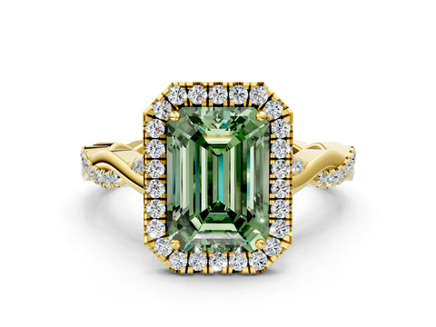 Yellow gold Fancy Green Emerald Cut Halo Twist Band with Four-Prong Setting