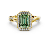 Yellow gold Fancy Green Emerald  Cut Halo Twisted Band Four-Prong Ring_20
