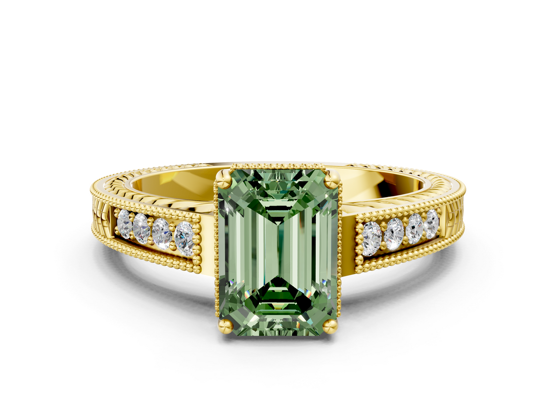 10K Yellow Gold 1.01 Carat Green VS2 Emerald Diamond Engagement Ring with Milgrain Channel Set Band and Prong Setting