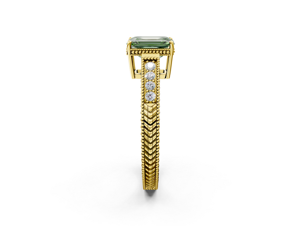 10K Yellow Gold 1.01 Carat Green VS2 Emerald Diamond Engagement Ring with Milgrain Channel Set Band and Prong Setting