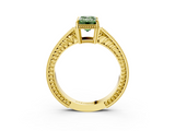 10K Yellow Gold 1.01 Carat Green VS2 Emerald Diamond Engagement Ring with Milgrain Channel Set Band and Prong Setting