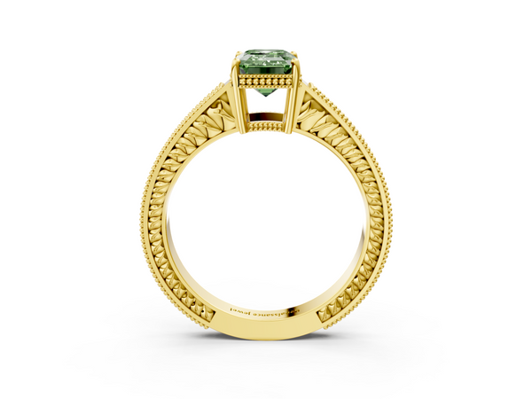 10K Yellow Gold 1.01 Carat Green VS2 Emerald Diamond Engagement Ring with Milgrain Channel Set Band and Prong Setting
