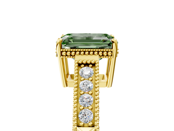 Yellow gold Fancy Green Emerald Cut Diamond Engagement Ring with Milgrain Channel Set Band and Prong Setting
