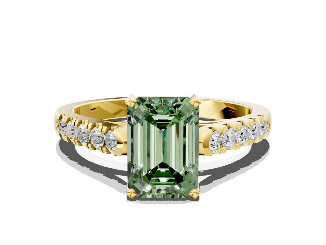 Yellow gold Fancy Green Emerald  Cut Pavé Band Solitaire Ring with Four-Prong Setting_25