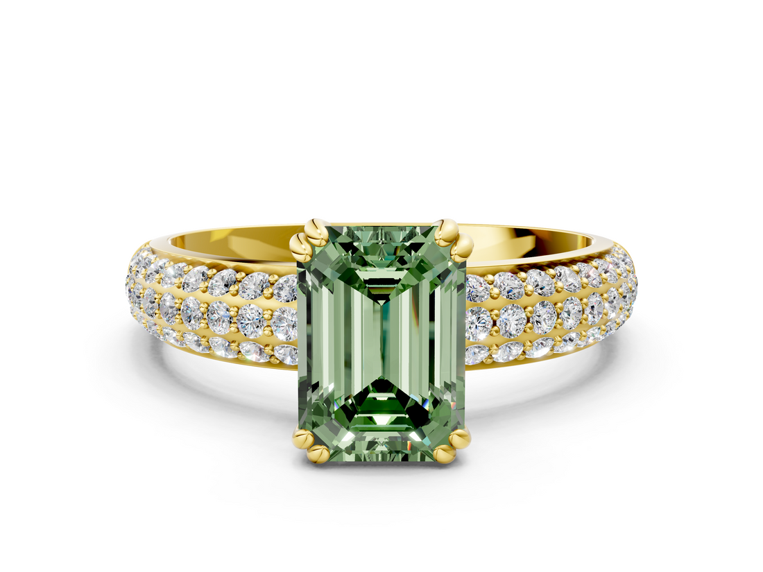 Yellow gold Fancy Green Emerald  Cut Pave Diamond Engagement Ring with Channel Set Band and Four-Prong Setting_20