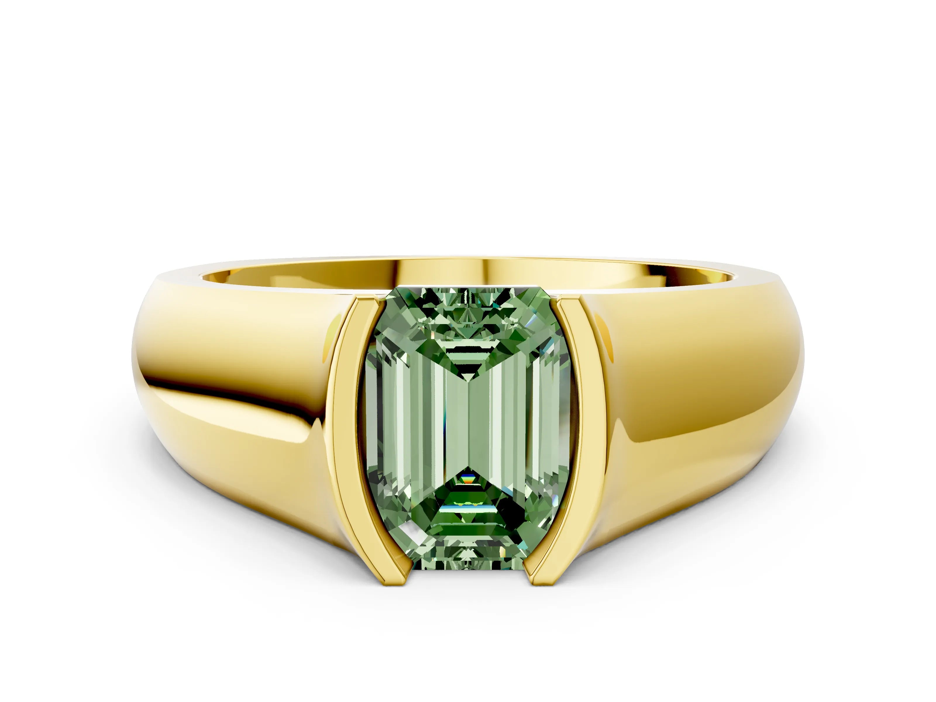 Yellow gold Fancy Green Emerald Cut Solitaire Bezel Set Diamond Ring with Wide Band