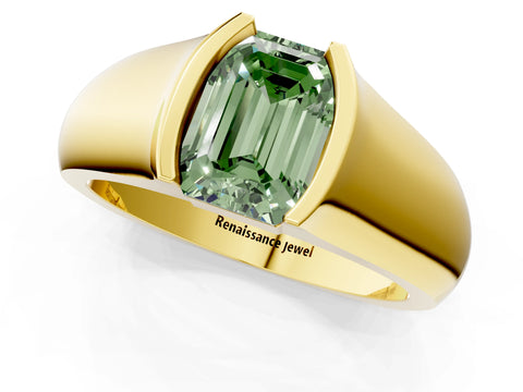 Yellow gold Fancy Green Emerald Cut Solitaire Bezel Set Diamond Ring with Wide Band_1