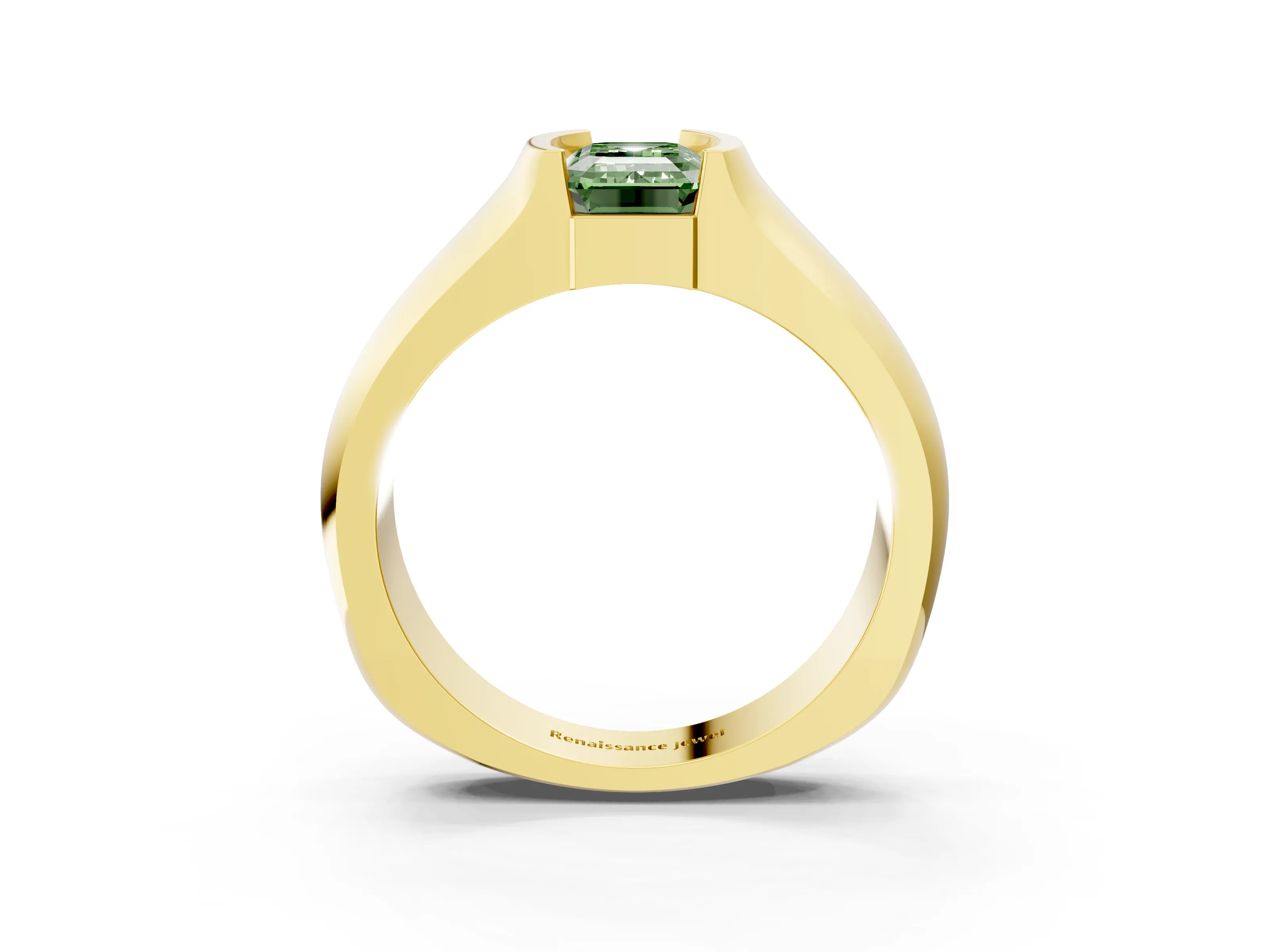 Yellow gold Fancy Green Emerald Cut Solitaire Bezel Set Diamond Ring with Wide Band_3