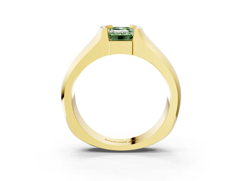 Yellow gold Fancy Green Emerald Cut Solitaire Bezel Set Diamond Ring with Wide Band_3