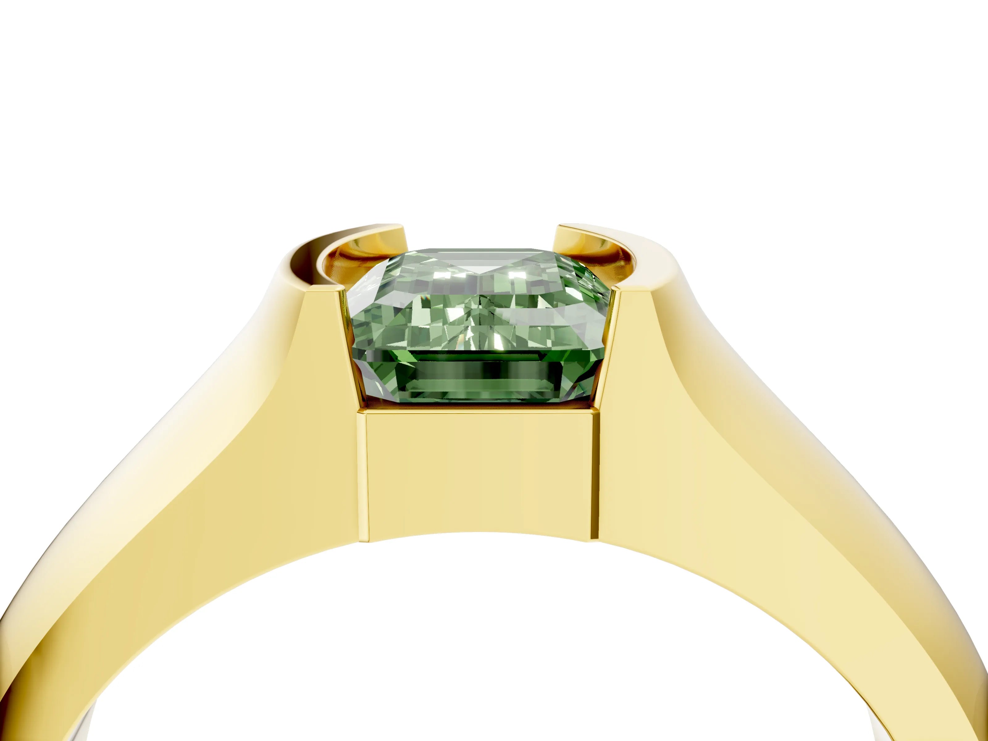 Yellow gold Fancy Green Emerald Cut Solitaire Bezel Set Diamond Ring with Wide Band_4