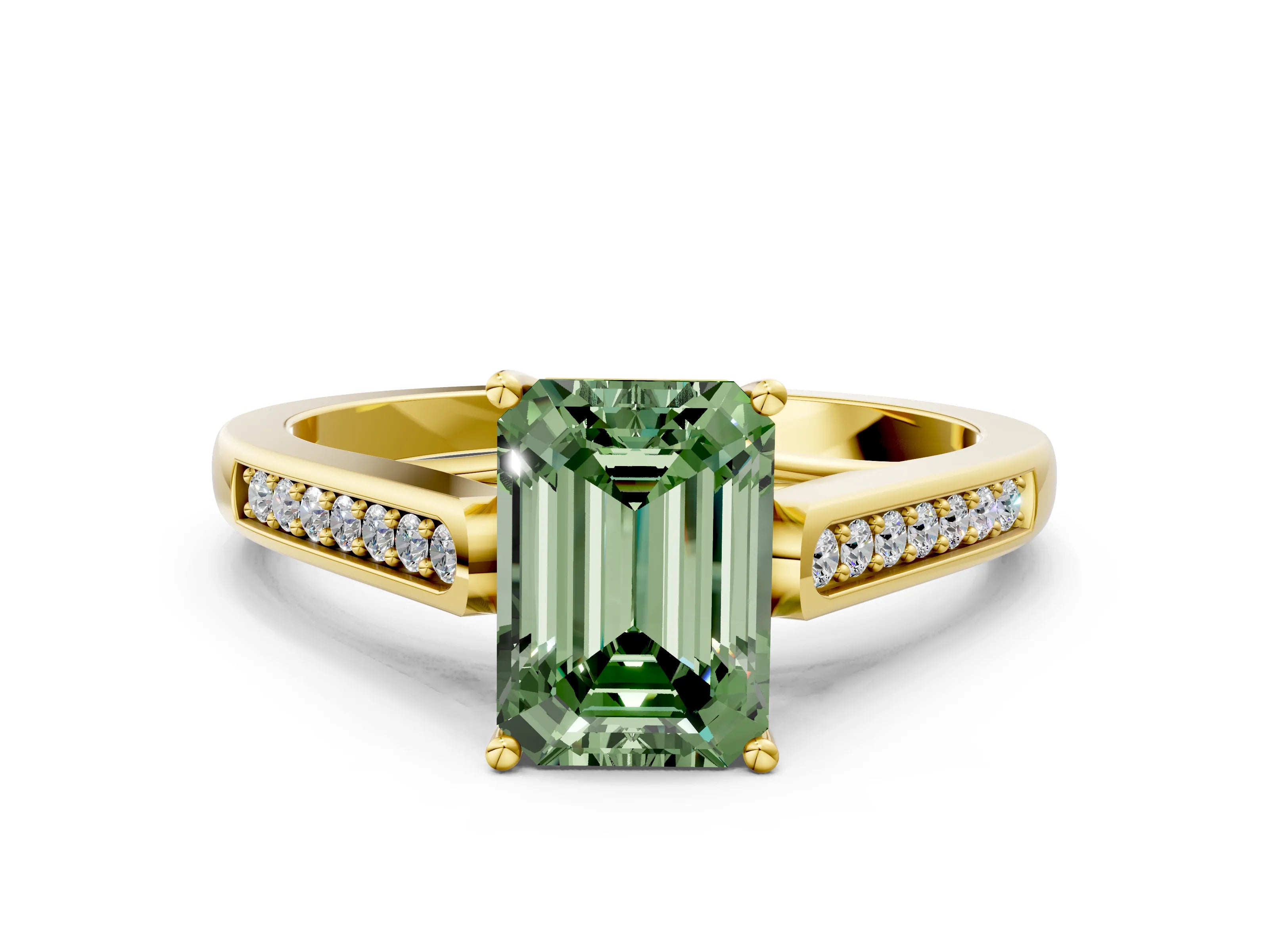 Yellow gold Fancy Green Emerald Cut Solitaire Cathedral Diamond Engagement Ring with Channel-Set Band and Four-Prong Setting_3