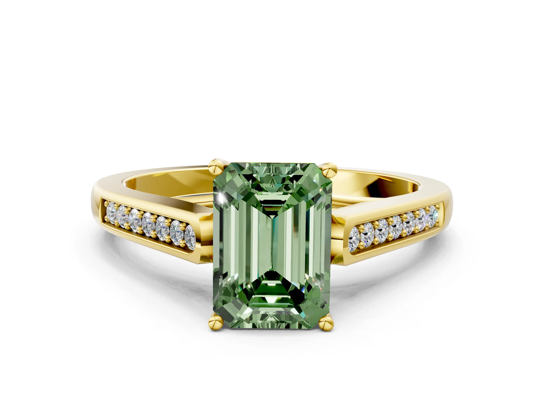 Yellow gold Fancy Green Emerald Cut Solitaire Cathedral Diamond Engagement Ring with Channel-Set Band and Four-Prong Setting_3
