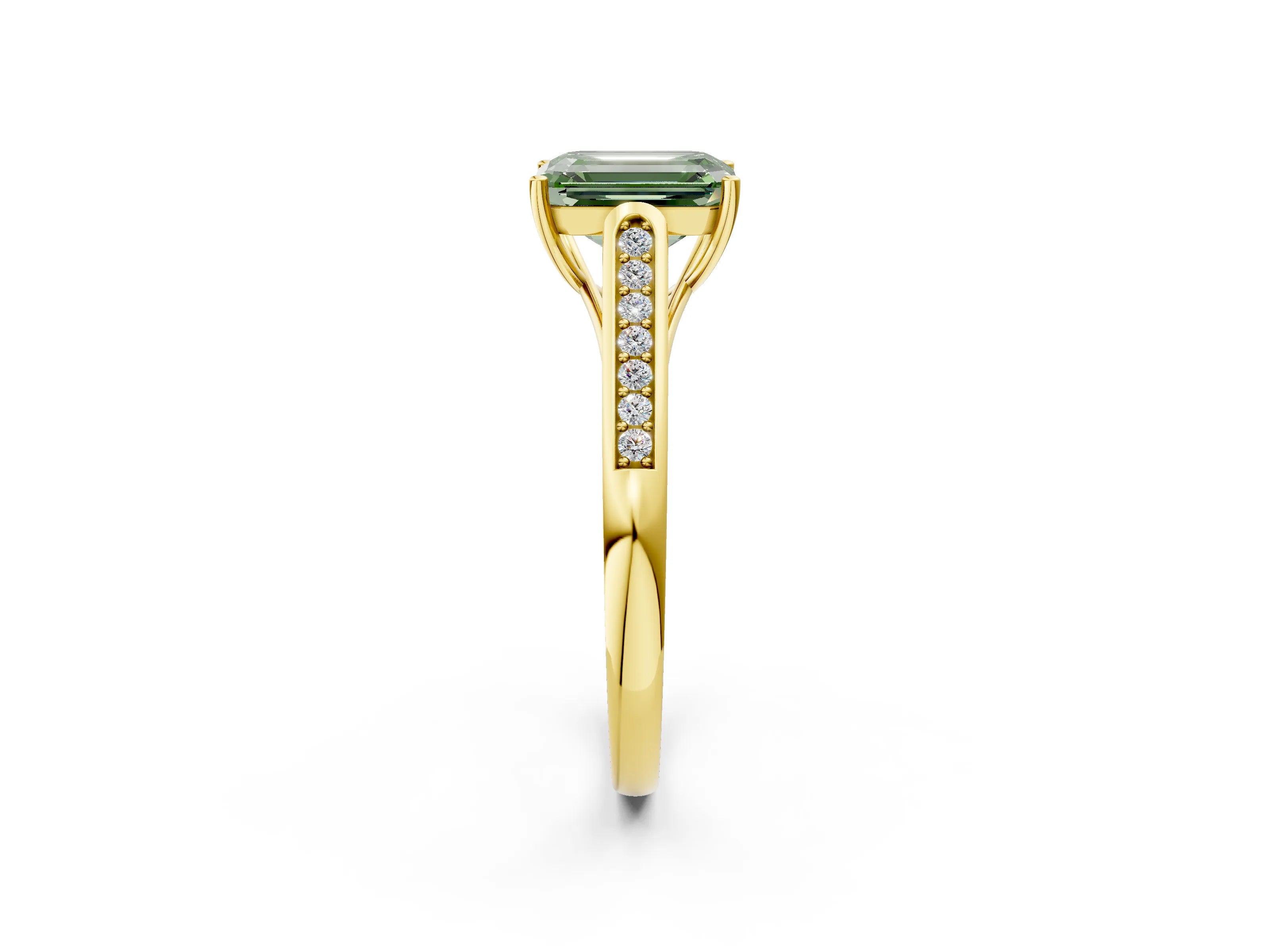 Yellow gold Fancy Green Emerald Cut Solitaire Cathedral Diamond Engagement Ring with Channel-Set Band and Four-Prong Setting_5