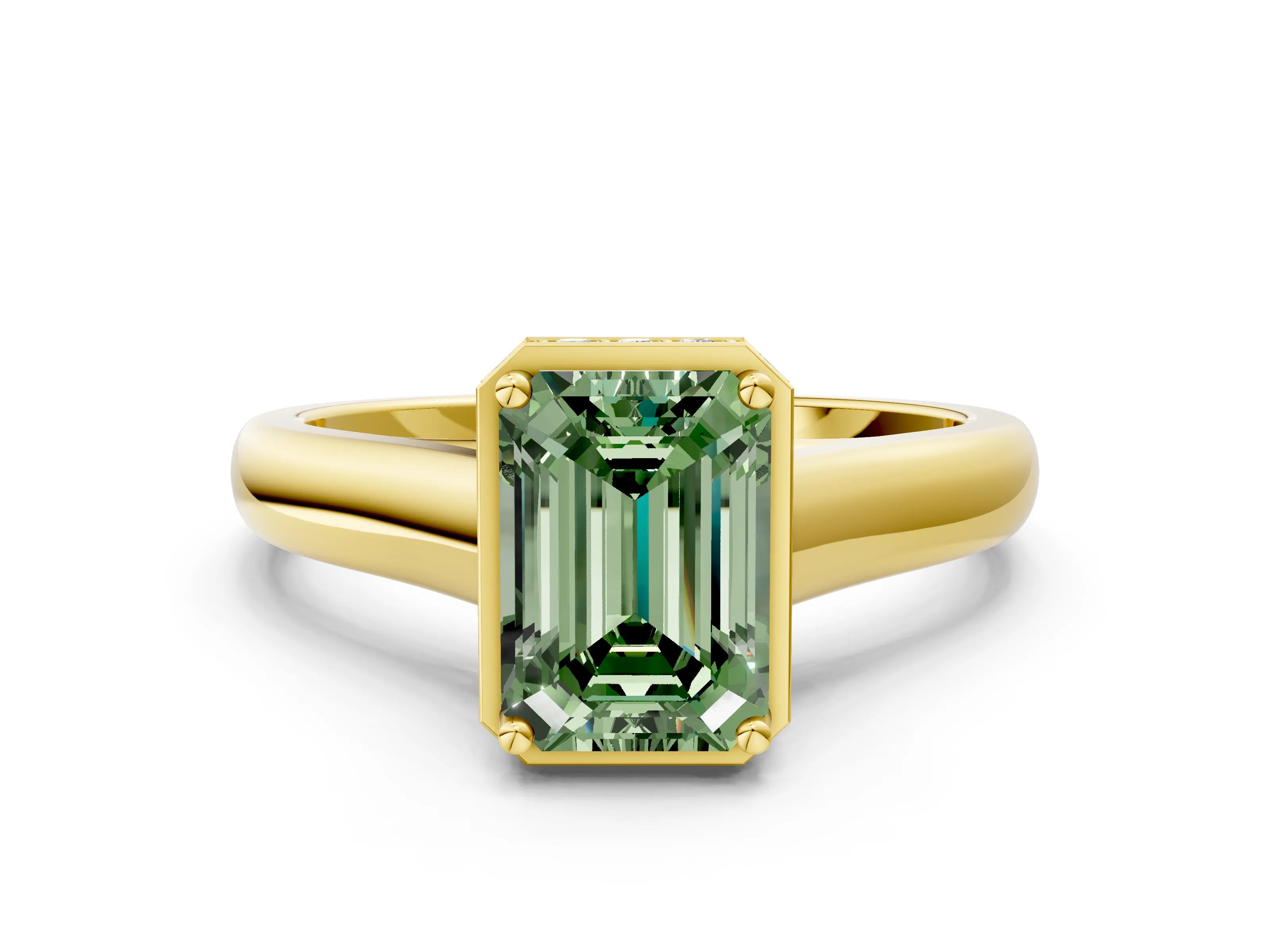 Yellow gold Fancy Green Emerald Cut Solitaire Diamond Engagement Ring with Four-Prong Setting and Tapered Band