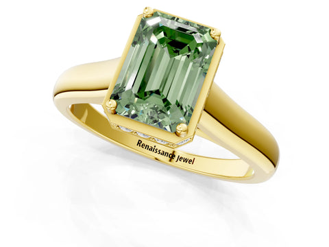 Yellow gold Fancy Green Emerald Cut Solitaire Diamond Engagement Ring with Four-Prong Setting and Tapered Band_1