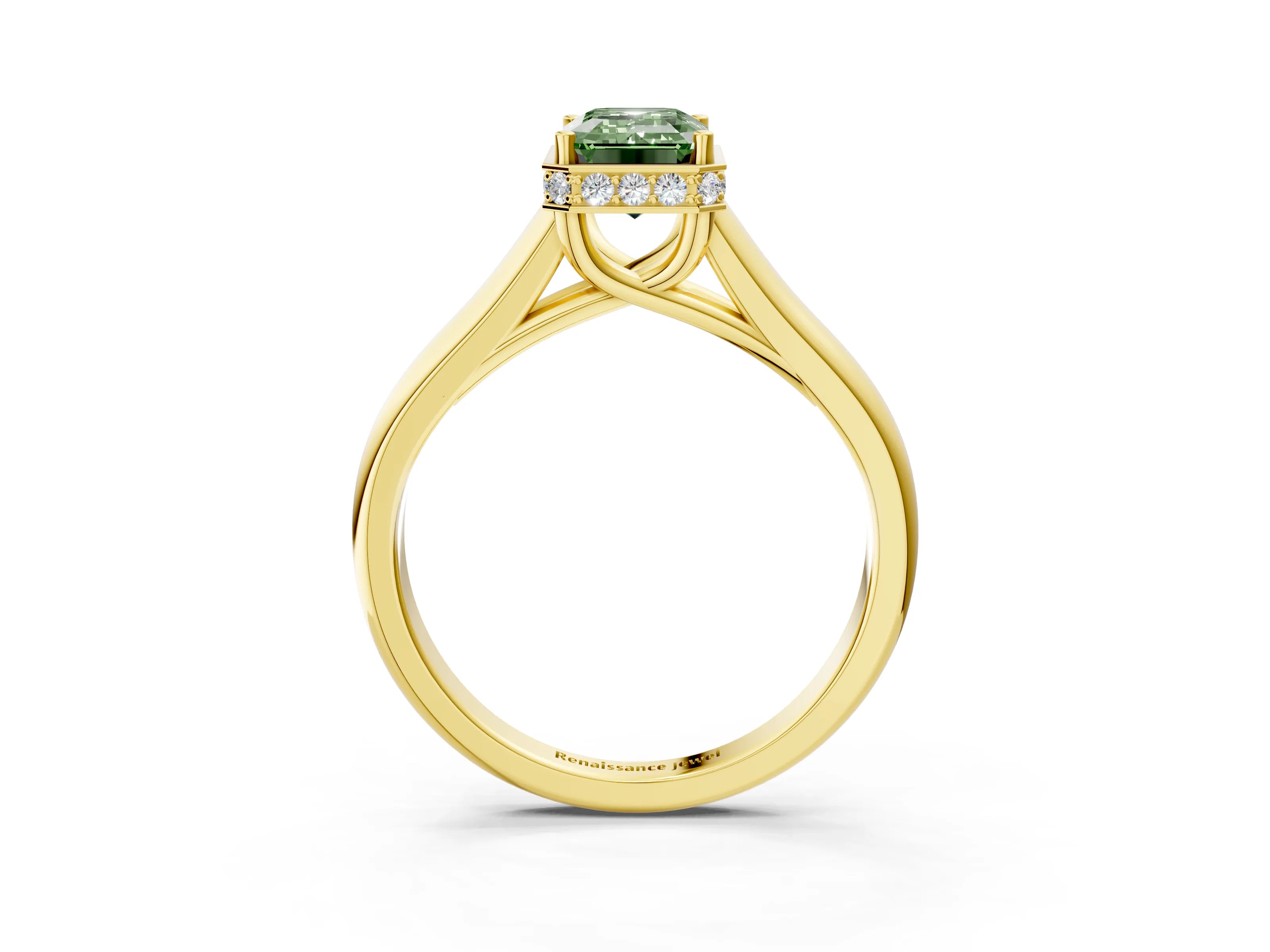 Yellow gold Fancy Green Emerald Cut Solitaire Diamond Engagement Ring with Four-Prong Setting and Tapered Band_3