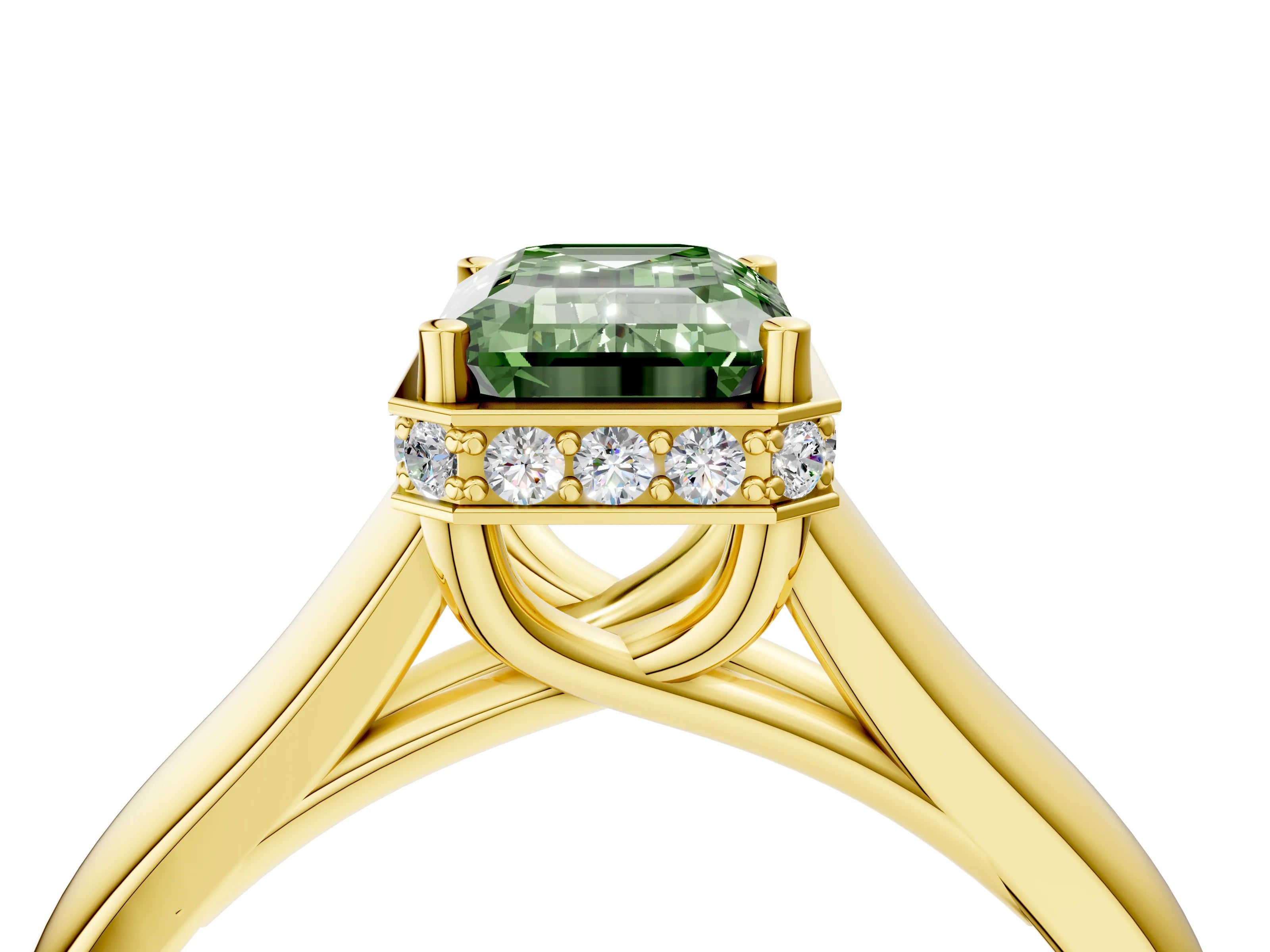 Yellow gold Fancy Green Emerald Cut Solitaire Diamond Engagement Ring with Four-Prong Setting and Tapered Band_4