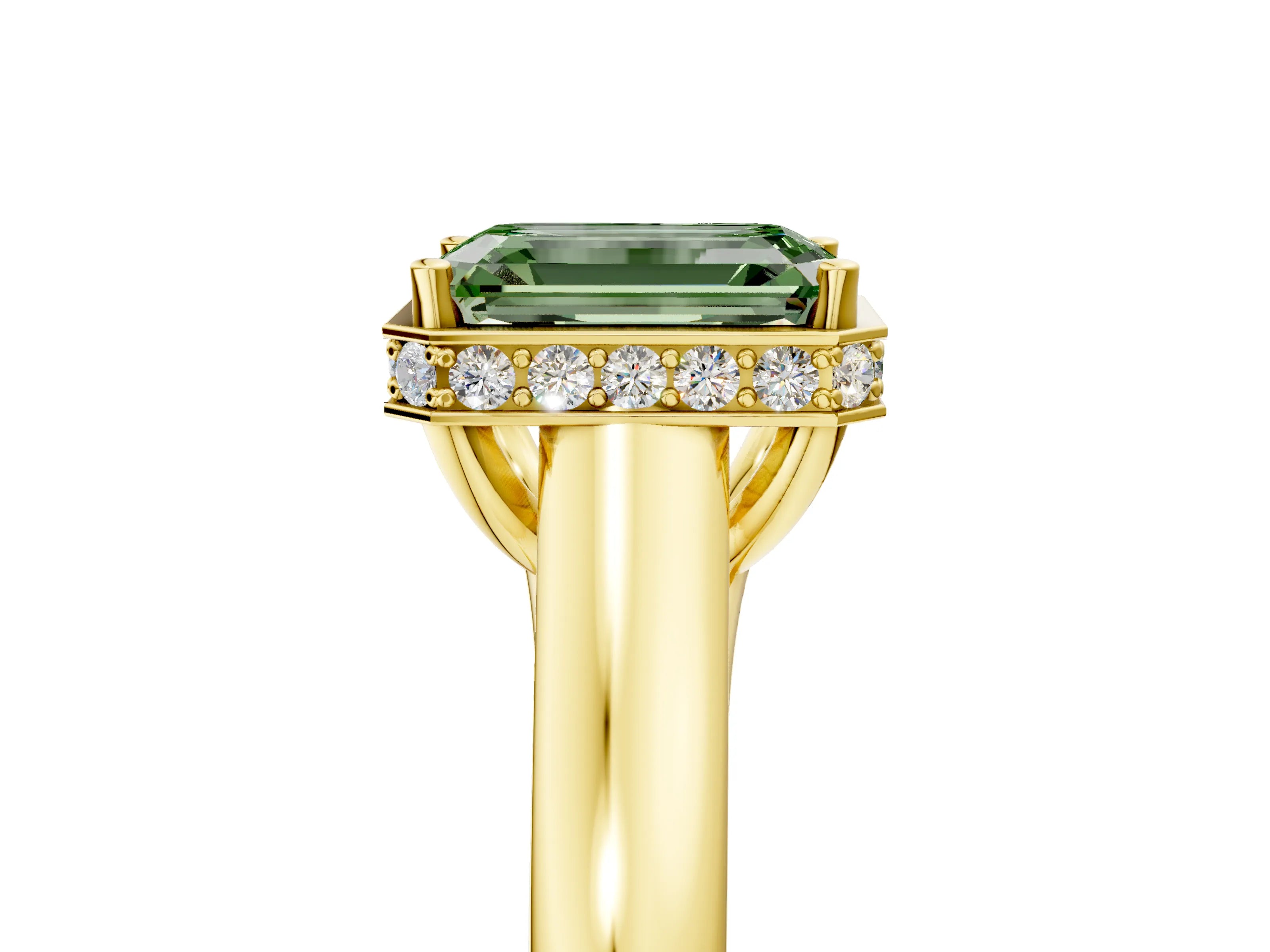 Yellow gold Fancy Green Emerald Cut Solitaire Diamond Engagement Ring with Four-Prong Setting and Tapered Band_5
