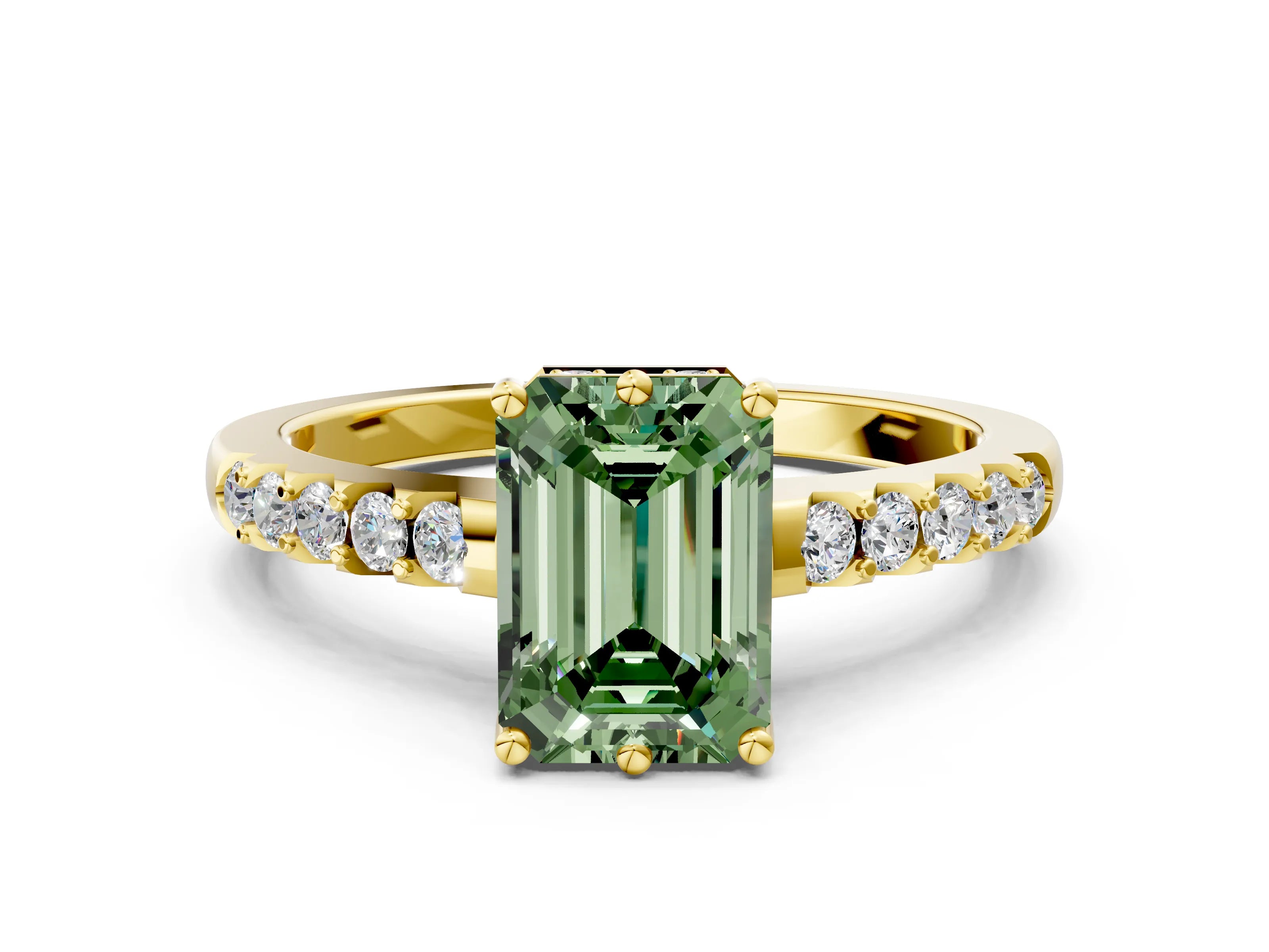 Yellow gold Fancy Green Emerald Cut Solitaire Diamond Engagement Ring with Pavé Band and Six-Prong Setting_12