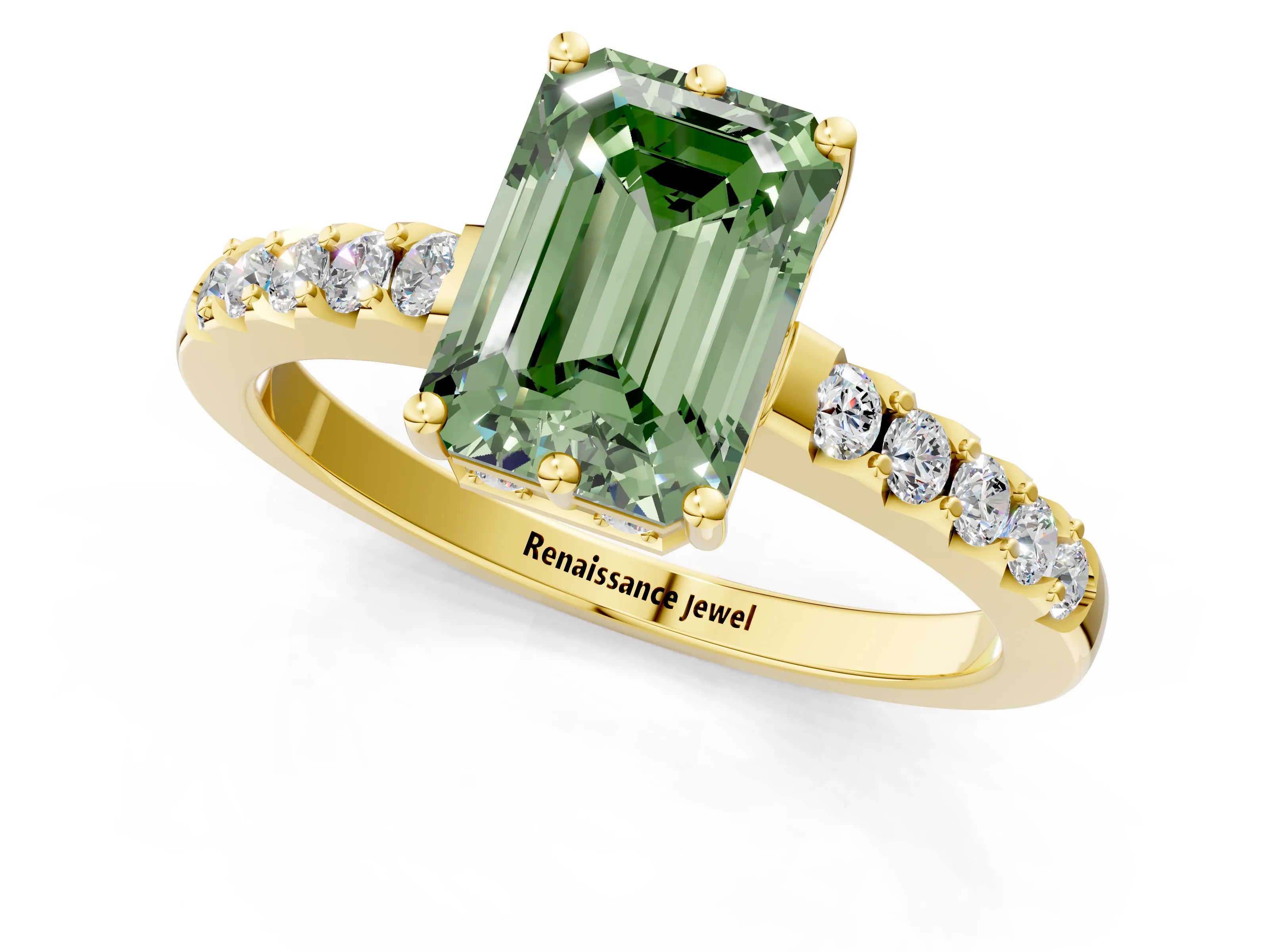 Yellow gold Fancy Green Emerald Cut Solitaire Diamond Engagement Ring with Pavé Band and Six-Prong Setting_13