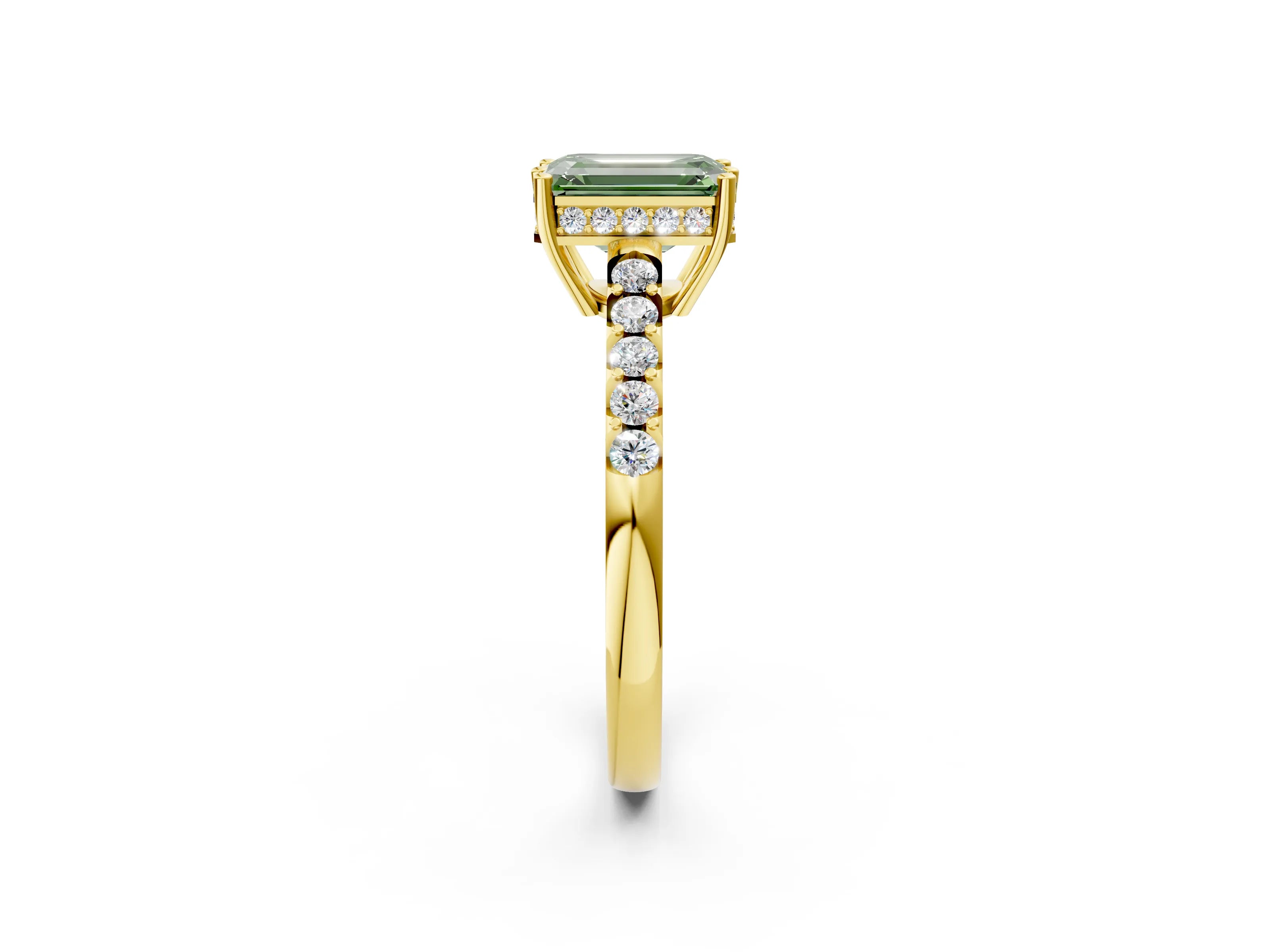 Yellow gold Fancy Green Emerald Cut Solitaire Diamond Engagement Ring with Pavé Band and Six-Prong Setting_14