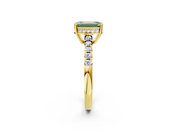 Yellow gold Fancy Green Emerald Cut Solitaire Diamond Engagement Ring with Pavé Band and Six-Prong Setting