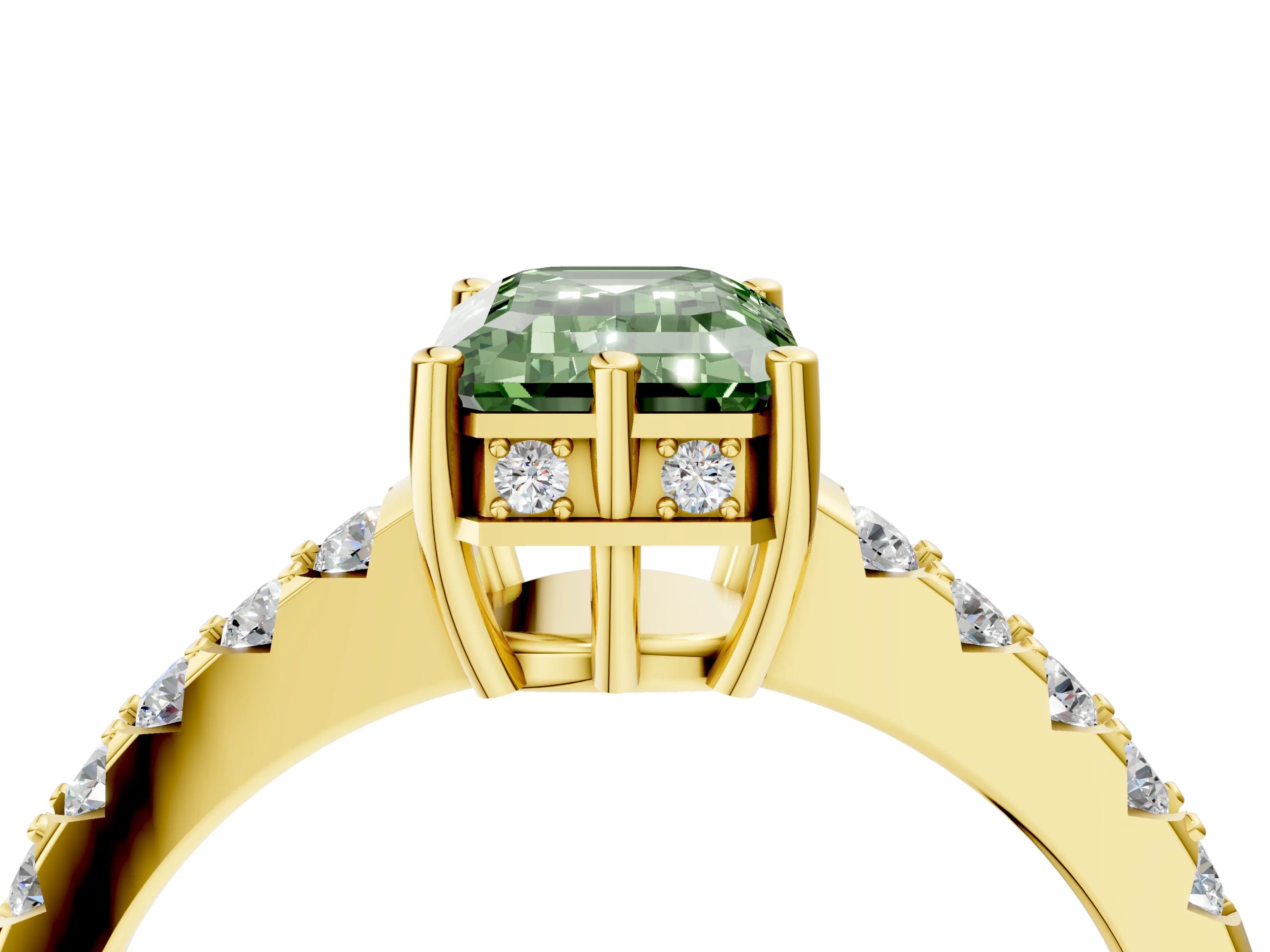 Yellow gold Fancy Green Emerald Cut Solitaire Diamond Engagement Ring with Pavé Band and Six-Prong Setting_16