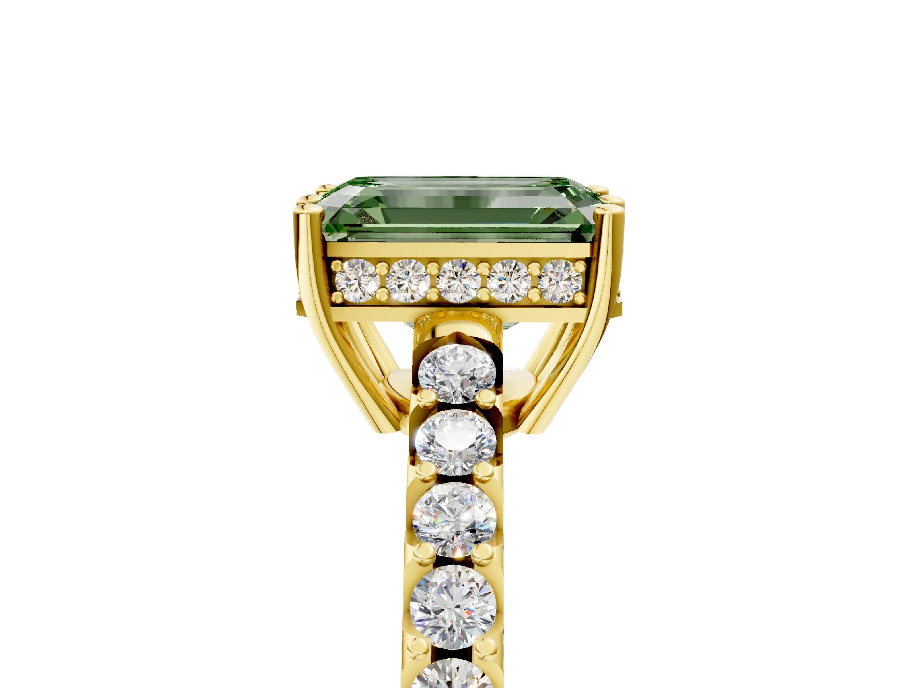 Yellow gold Fancy Green Emerald Cut Solitaire Diamond Engagement Ring with Pavé Band and Six-Prong Setting_17