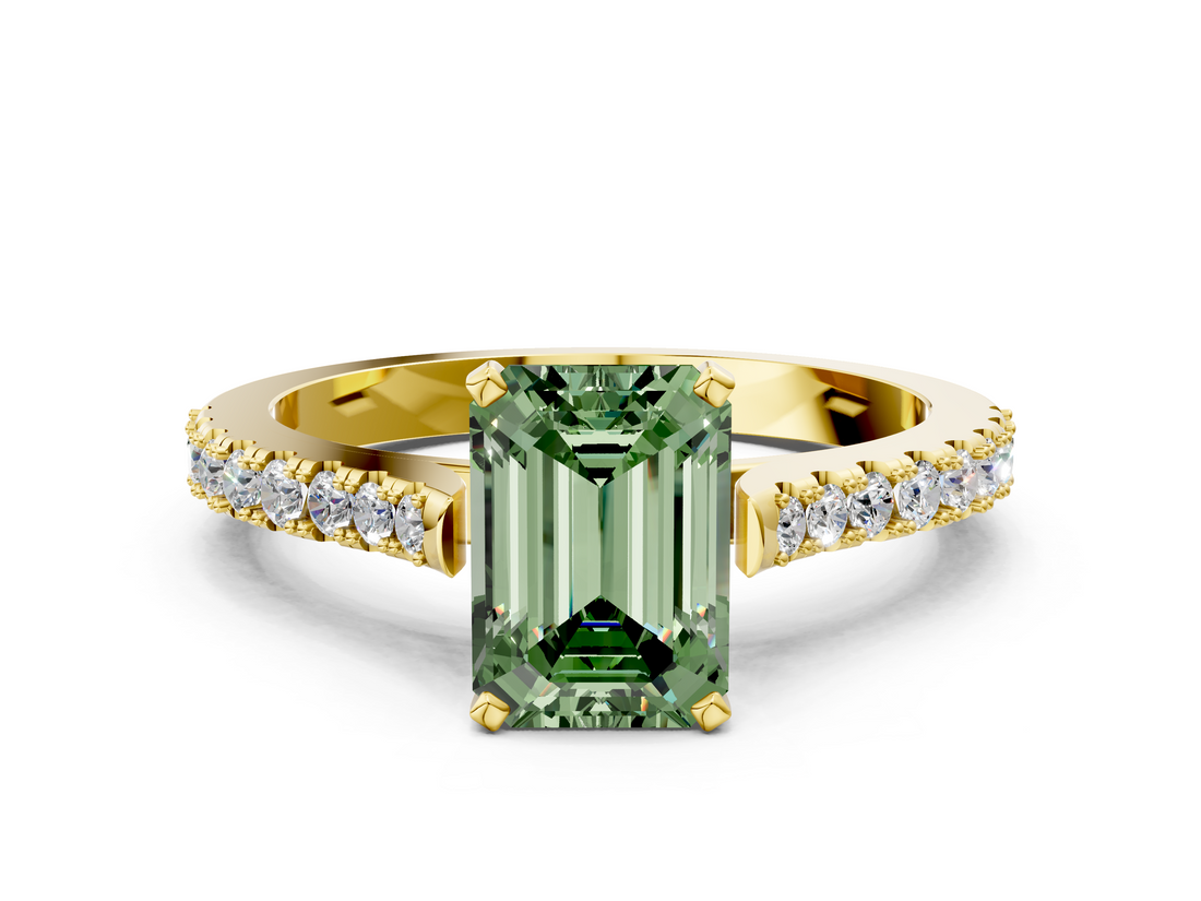 Yellow gold Fancy Green Emerald  Cut Solitaire Diamond Engagement Ring with Pave Band and Four-Prong Setting_164
