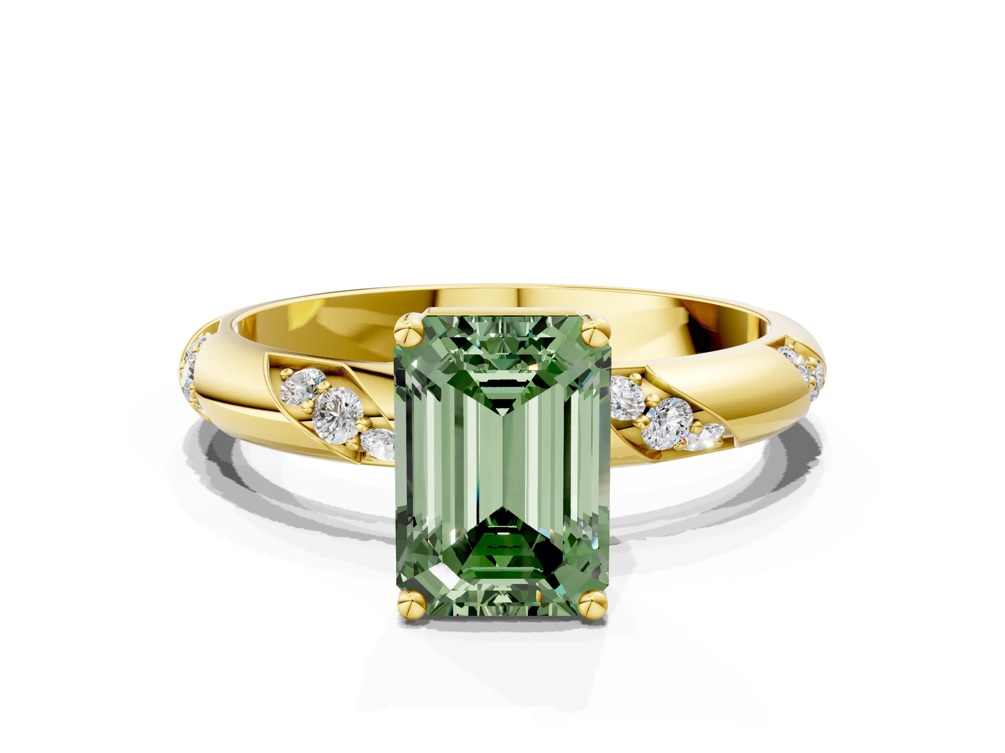 Yellow gold Fancy Green Emerald Cut Solitaire Diamond Engagement Ring with Twisted Pave Band and Four-Prong Setting_3