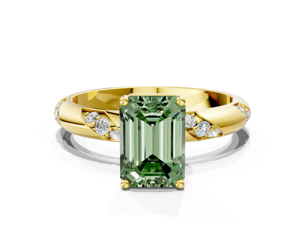 Yellow gold Fancy Green Emerald Cut Solitaire Diamond Engagement Ring with Twisted Pave Band and Four-Prong Setting