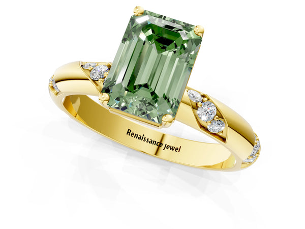 Yellow gold Fancy Green Emerald Cut Solitaire Diamond Engagement Ring with Twisted Pave Band and Four-Prong Setting