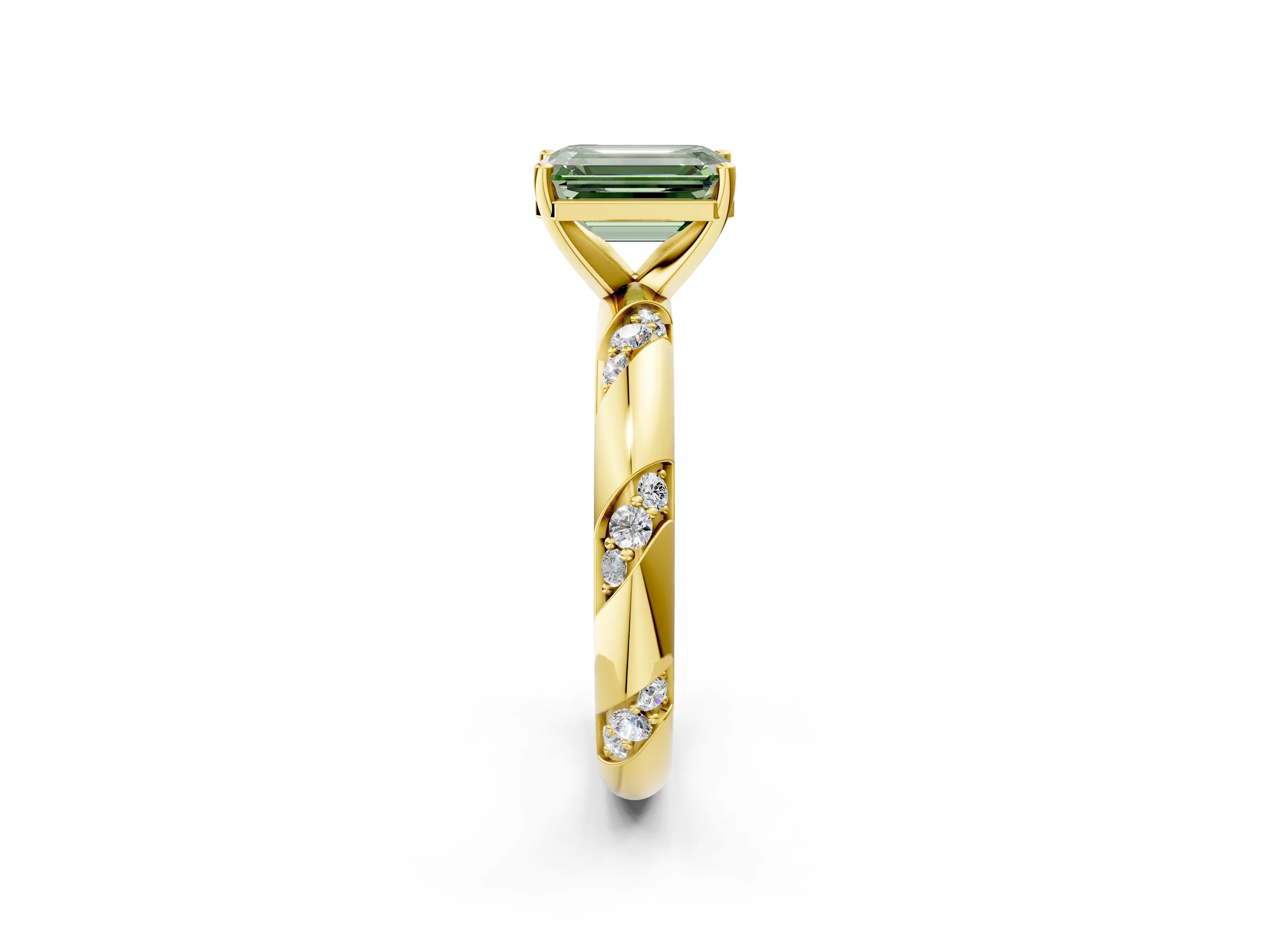 Yellow gold Fancy Green Emerald Cut Solitaire Diamond Engagement Ring with Twisted Pave Band and Four-Prong Setting_5