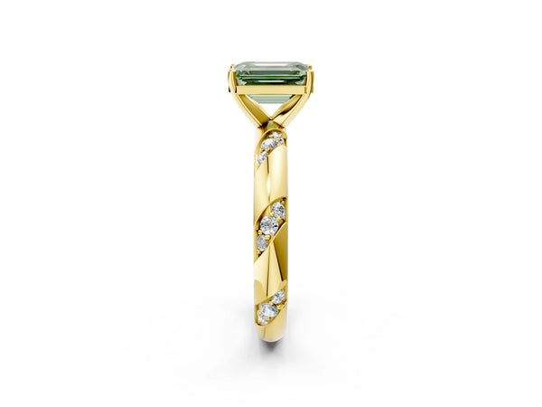 Yellow gold Fancy Green Emerald Cut Solitaire Diamond Engagement Ring with Twisted Pave Band and Four-Prong Setting