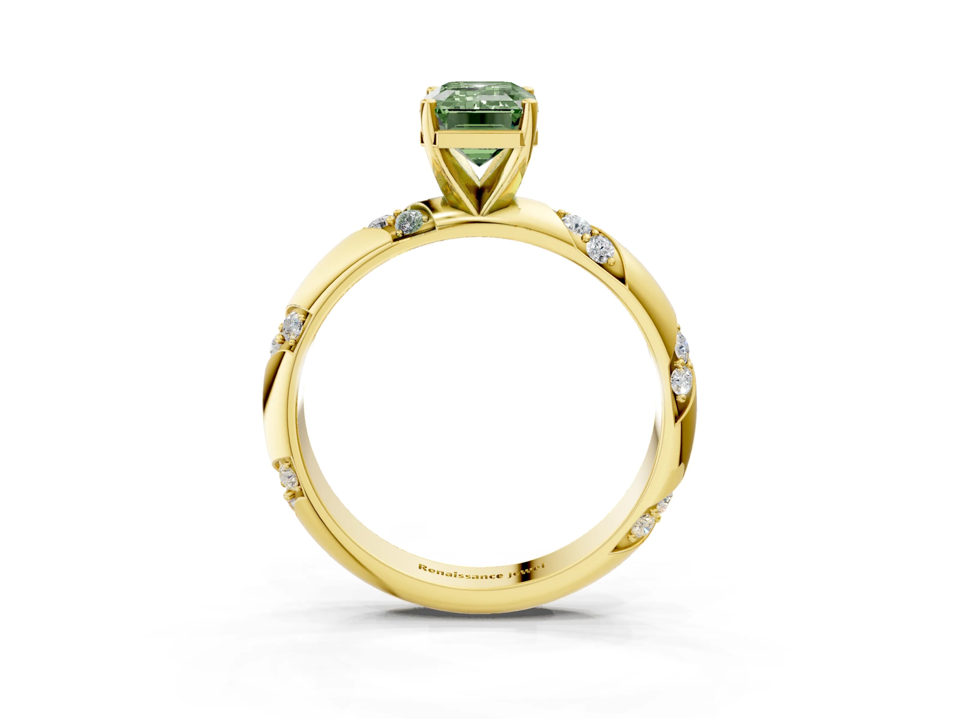 Yellow gold Fancy Green Emerald Cut Solitaire Diamond Engagement Ring with Twisted Pave Band and Four-Prong Setting_6