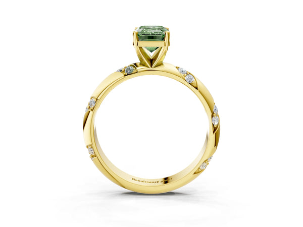 Yellow gold Fancy Green Emerald Cut Solitaire Diamond Engagement Ring with Twisted Pave Band and Four-Prong Setting