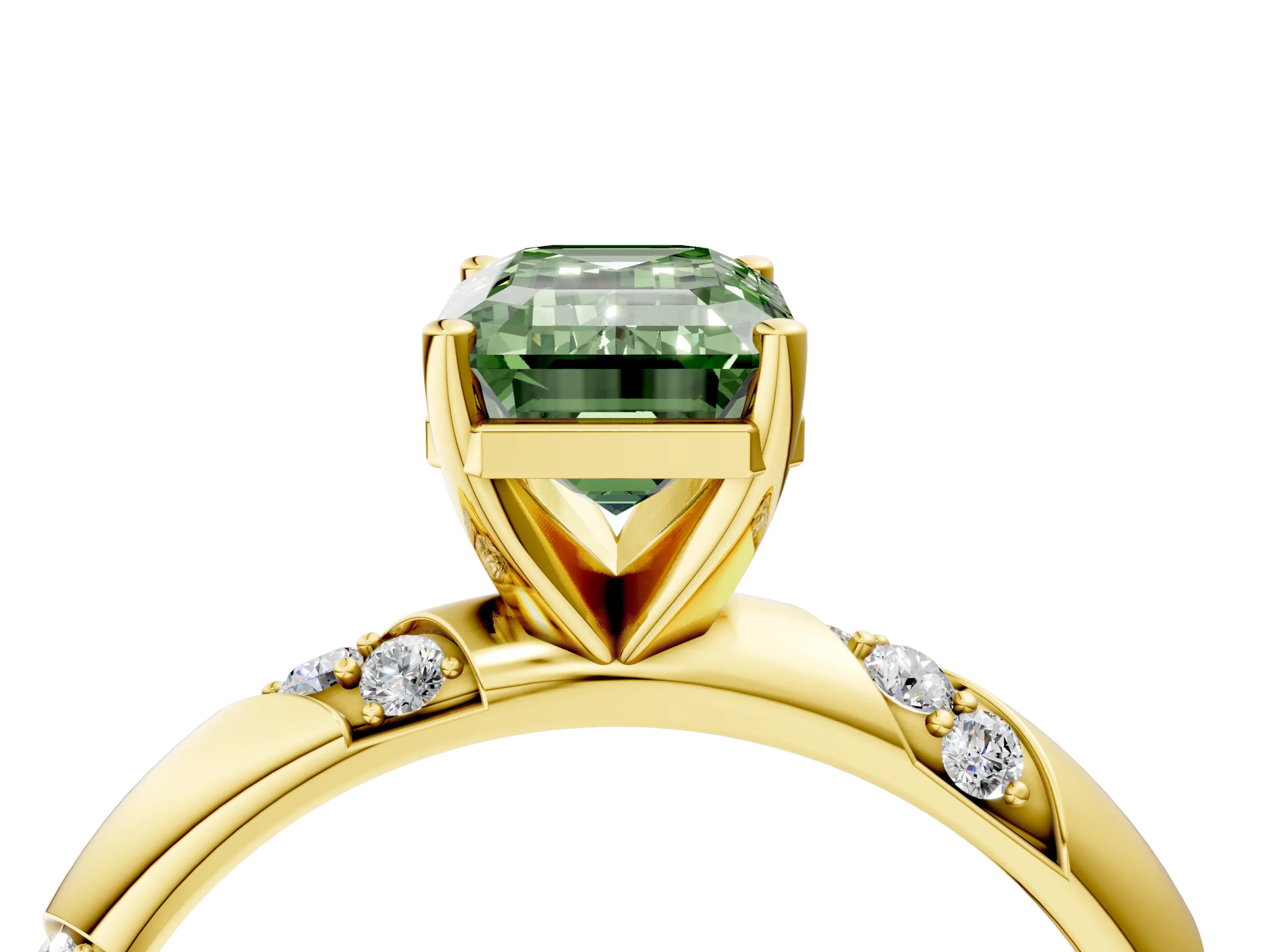 Yellow gold Fancy Green Emerald Cut Solitaire Diamond Engagement Ring with Twisted Pave Band and Four-Prong Setting_7