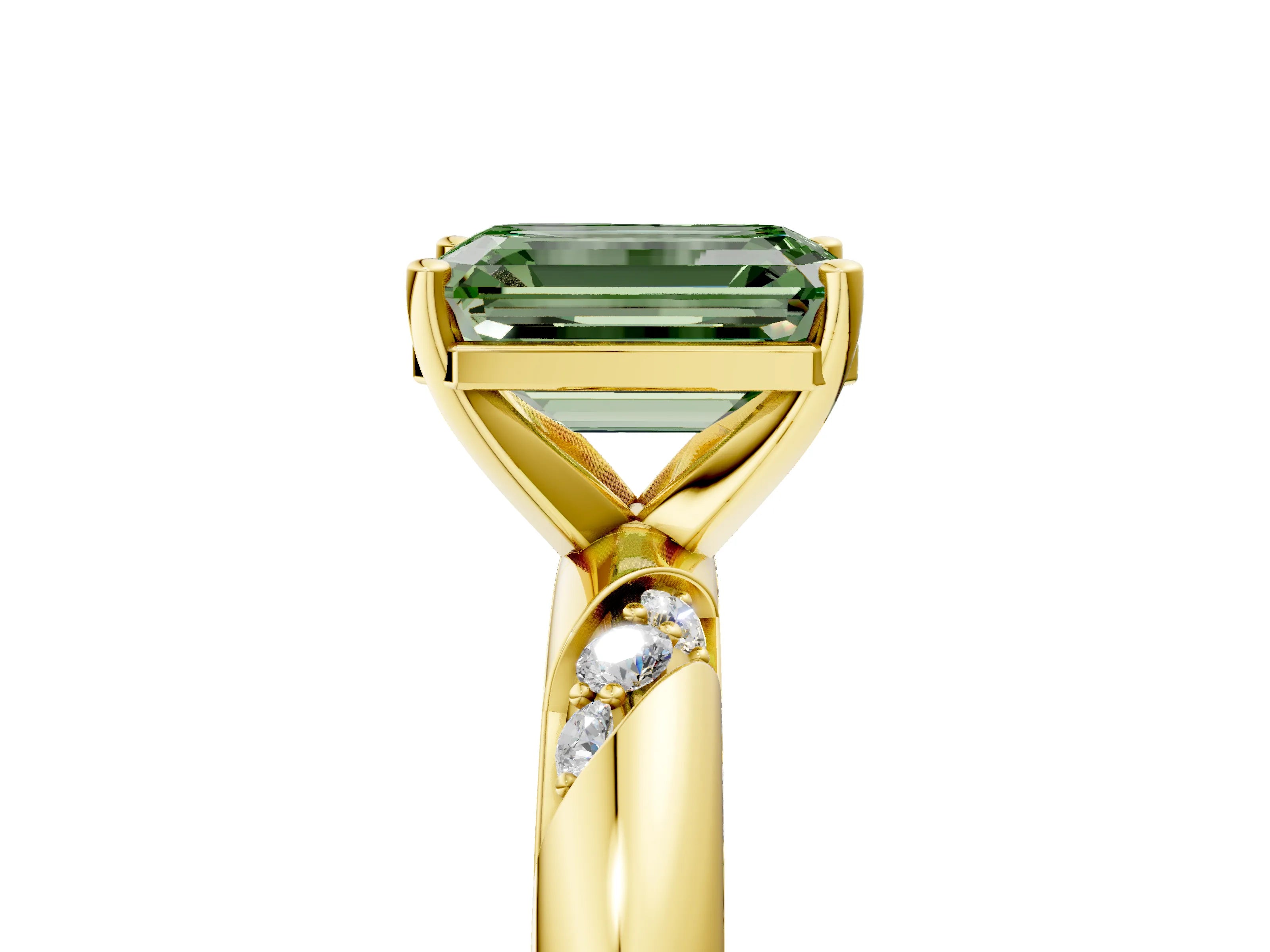 Yellow gold Fancy Green Emerald Cut Solitaire Diamond Engagement Ring with Twisted Pave Band and Four-Prong Setting_8
